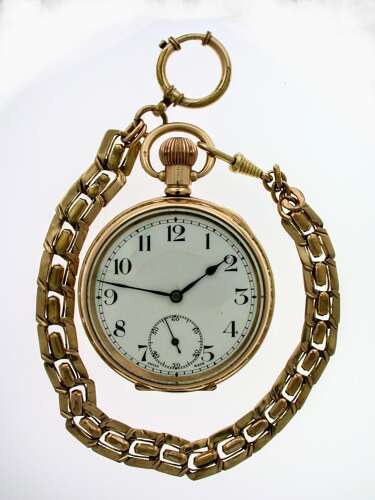 Antique Gold-filled Open Face Pocket Watch  with Gold Filled Chain, Swiss 1920