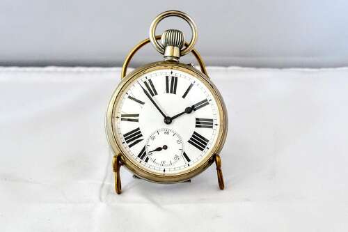 Antique Goliath Steel Open Face Pocket Watch Swiss 1900 on Pocket Watch Stand