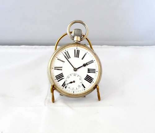Antique Goliath Steel Open Face Pocket Watch Swiss 1900 on Pocket Watch Stand