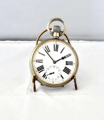 Antique Goliath Steel Open Face Pocket Watch Swiss 1900 on Pocket Watch Stand