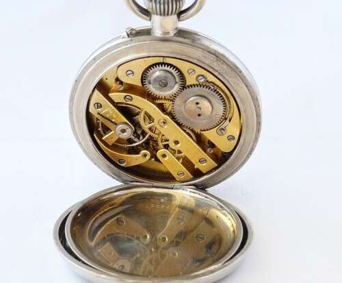 Antique Goliath Steel Open Face Pocket Watch Swiss 1900 on Pocket Watch Stand
