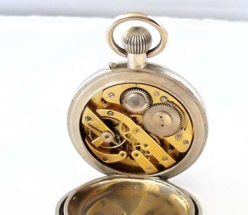 Antique Goliath Steel Open Face Pocket Watch Swiss 1900 on Pocket Watch Stand