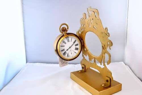 Antique Omega Goliath 8-day Gilt Pocket Watch - Swiss 1920 in Gilt Clock Holder