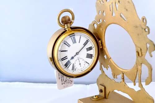 Antique Omega Goliath 8-day Gilt Pocket Watch - Swiss 1920 in Gilt Clock Holder