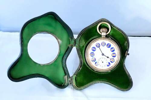 Antique Goliath Nickel Pocket Watch in Silver Art Nouveau Case, Hallmarked for Birmingham 1904