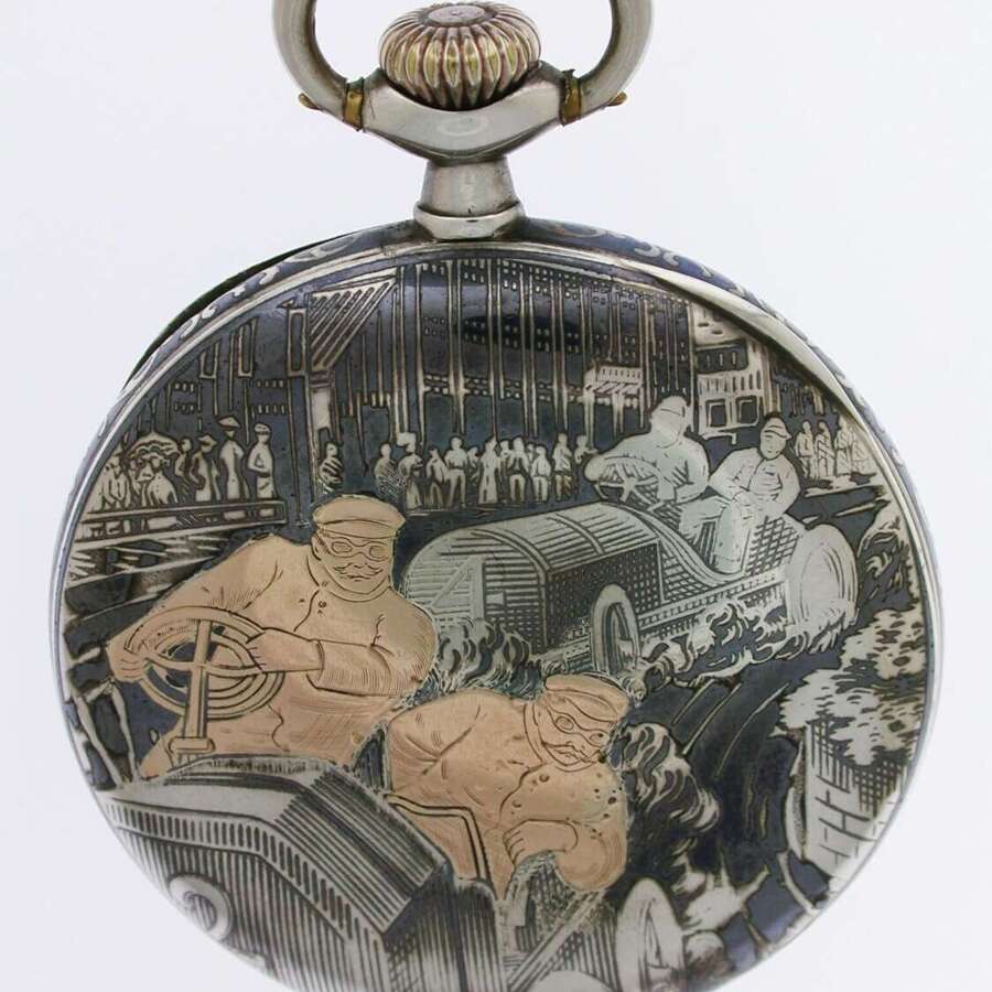 Silver 0.900 Omega Niello Racing Motif c.1918