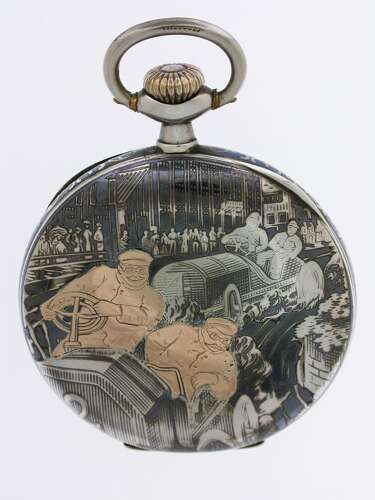 Silver 0.900 Omega Niello Racing Motif c.1918