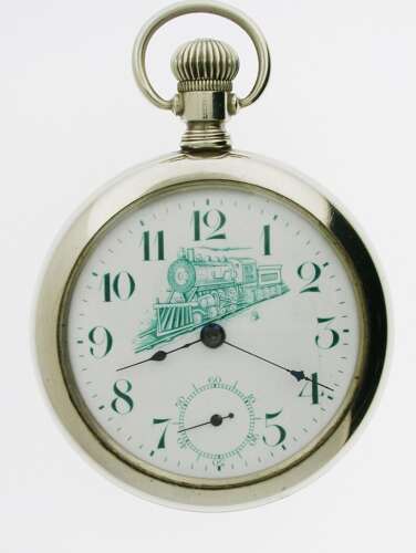 Rare Nickel Railway Pocket Watch With Locomotive on Dial