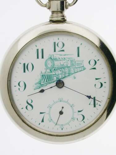 Rare Nickel Railway Pocket Watch With Locomotive on Dial