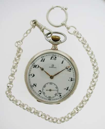 Antique Omega Silver Open Face Pocket Watch Swiss 1925 with chain