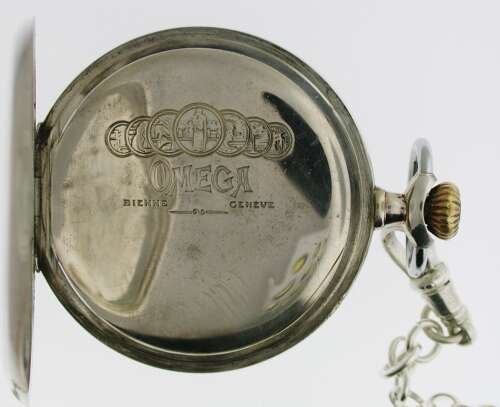 Antique Omega Silver Open Face Pocket Watch Swiss 1925 with chain