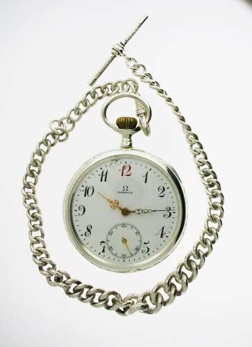 Antique Omega Steel Open Face Pocket Watch Swiss 1913 with Chain