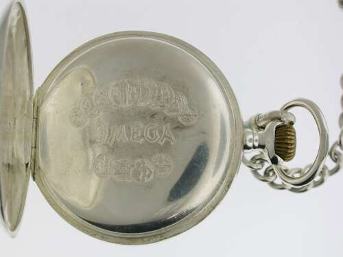 Antique Omega Steel Open Face Pocket Watch Swiss 1913 with Chain