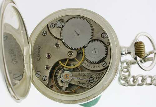Antique Omega Steel Open Face Pocket Watch Swiss 1913 with Chain