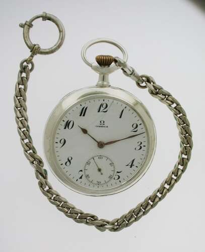 Antique Omega Steel Open Face Pocket Watch Swiss 1910 with Chain