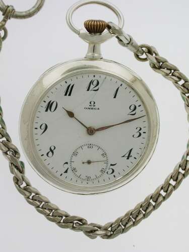 Antique Omega Steel Open Face Pocket Watch Swiss 1910 with Chain