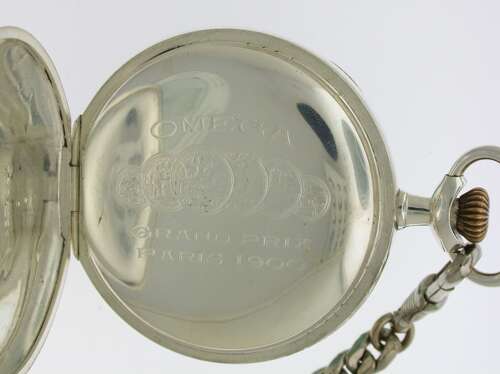 Antique Omega Steel Open Face Pocket Watch Swiss 1910 with Chain