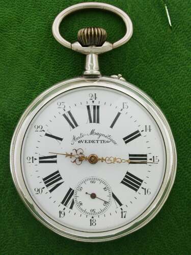 Silver 0.800 Large Vedette Locomotive Railway Open Face Pocket Watch Swiss Circa 1900s