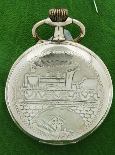 Silver 0.800 Large Vedette Locomotive Railway Open Face Pocket Watch Swiss Circa 1900s