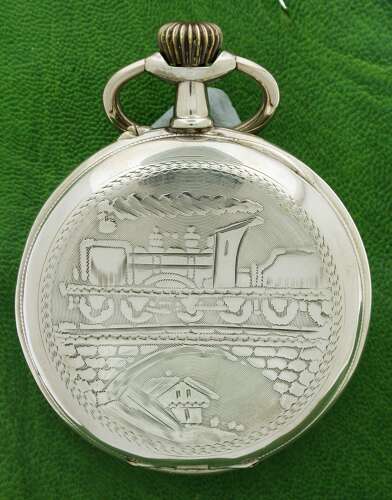 Silver 0.800 Large Vedette Locomotive Railway Open Face Pocket Watch Swiss Circa 1900s
