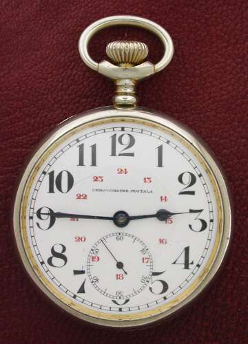 Swiss Railway Chronometer Postala Steel Open Face Pocket Watch 1900s